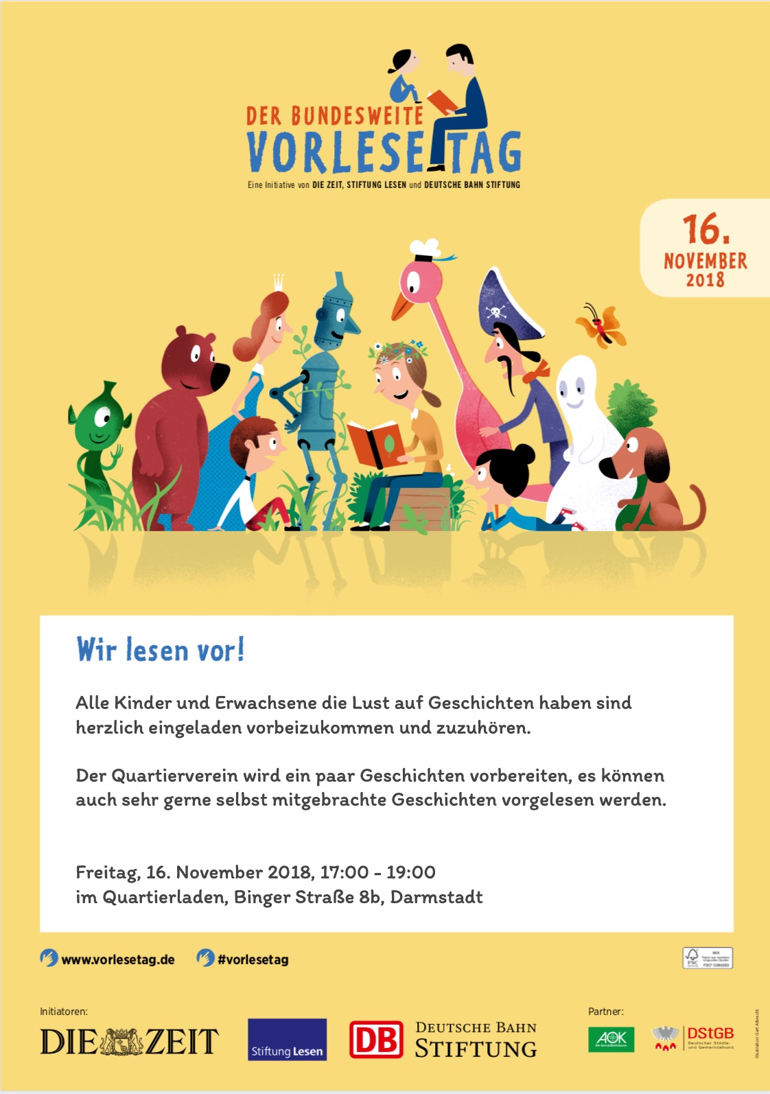 Read more about the article Einladung zum bundesweiten Vorlesetag 2018 am Freitag, 16.11. um 17:00 Uhr, Quartierladen