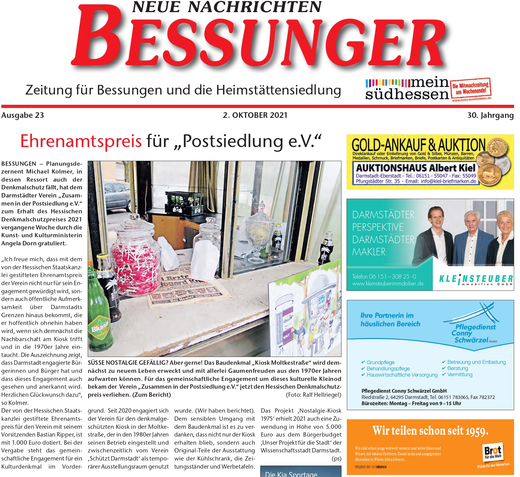 Read more about the article Kiosk 1975: Bessunger Neue Nachrichten berichten über unseren Landesdenkmalschutzpreis!