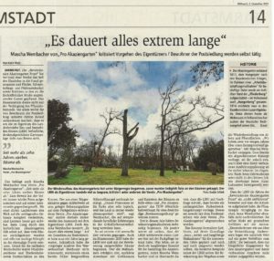 Read more about the article Akaziengarten: Darmstädter Echo berichtet über den Verfall des Parks und unseren Protest…