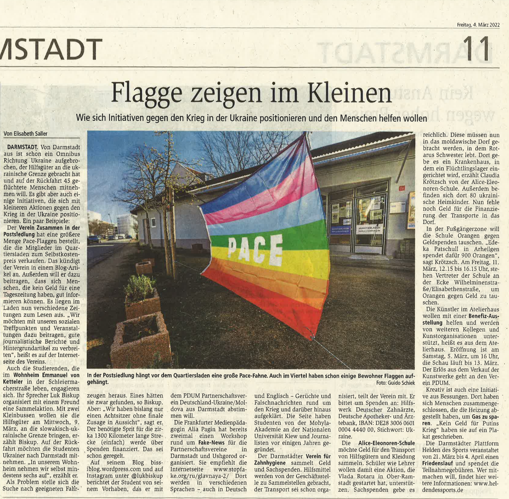 Read more about the article Krieg in Europa: Schöner Artikel im Darmstädter Echo zu unseren Quartier-Aktionen für den Frieden