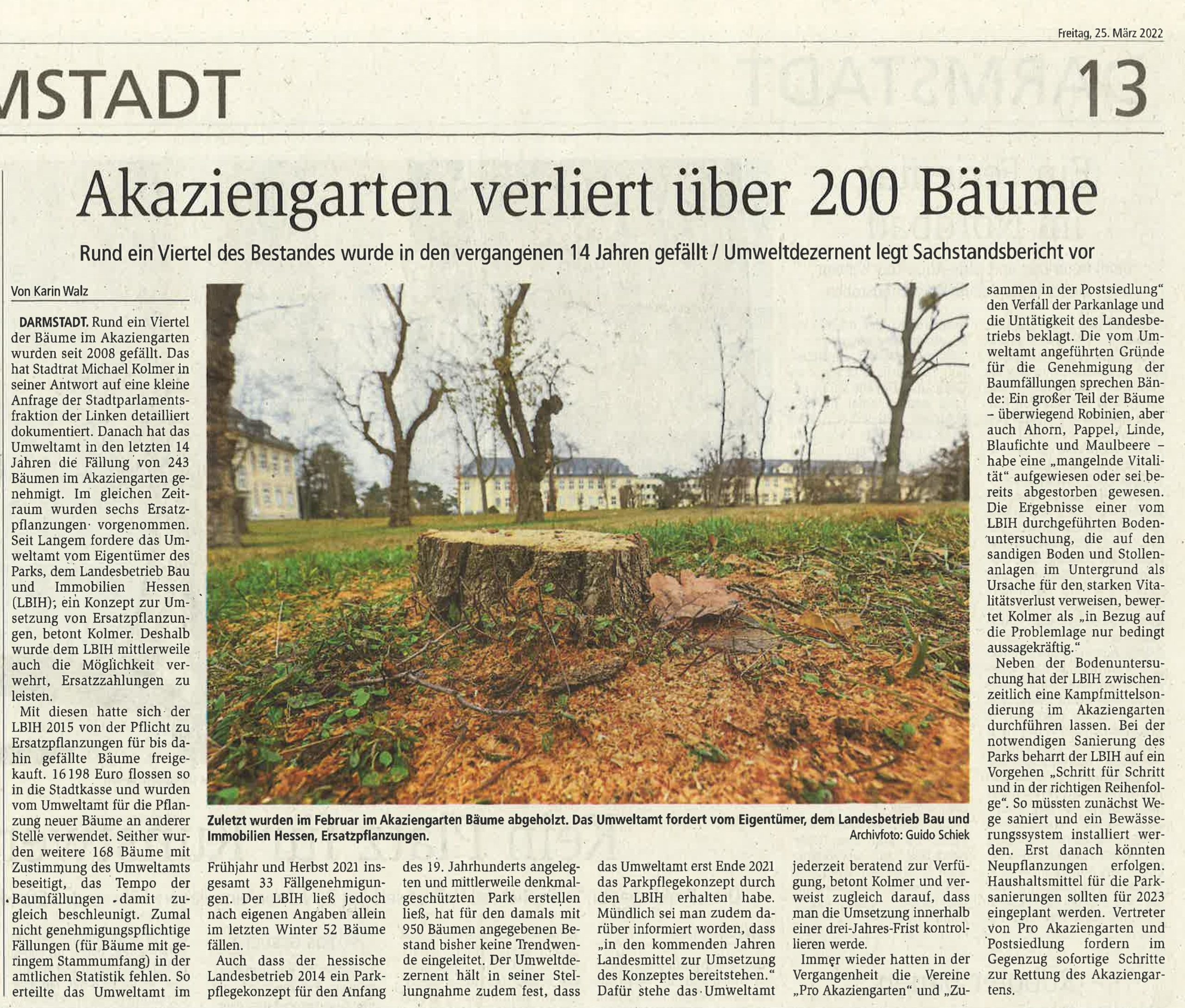Read more about the article Akaziengarten: Darmstädter Echo berichtet über parlamentarische Anfrage zum Zustand des Parks