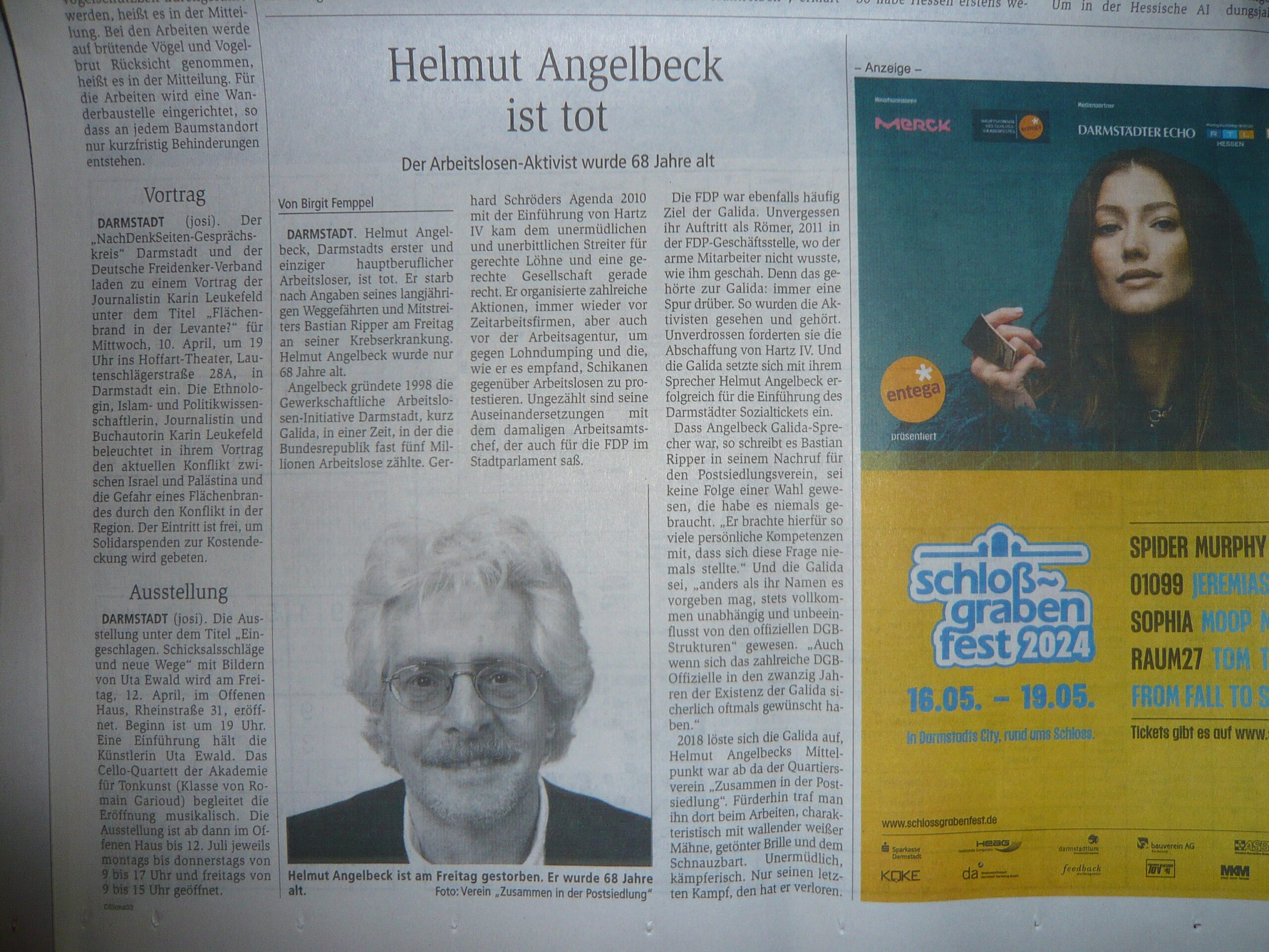 Read more about the article Quartier: Darmstädter Echo druckt redaktionellen Nachruf für Helmut Angelbeck